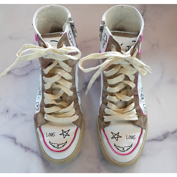 Zadig & Voltaire Sneakers Womens Size 38 White Pink Graffiti High Top Side Zip - Picture 2 of 8
